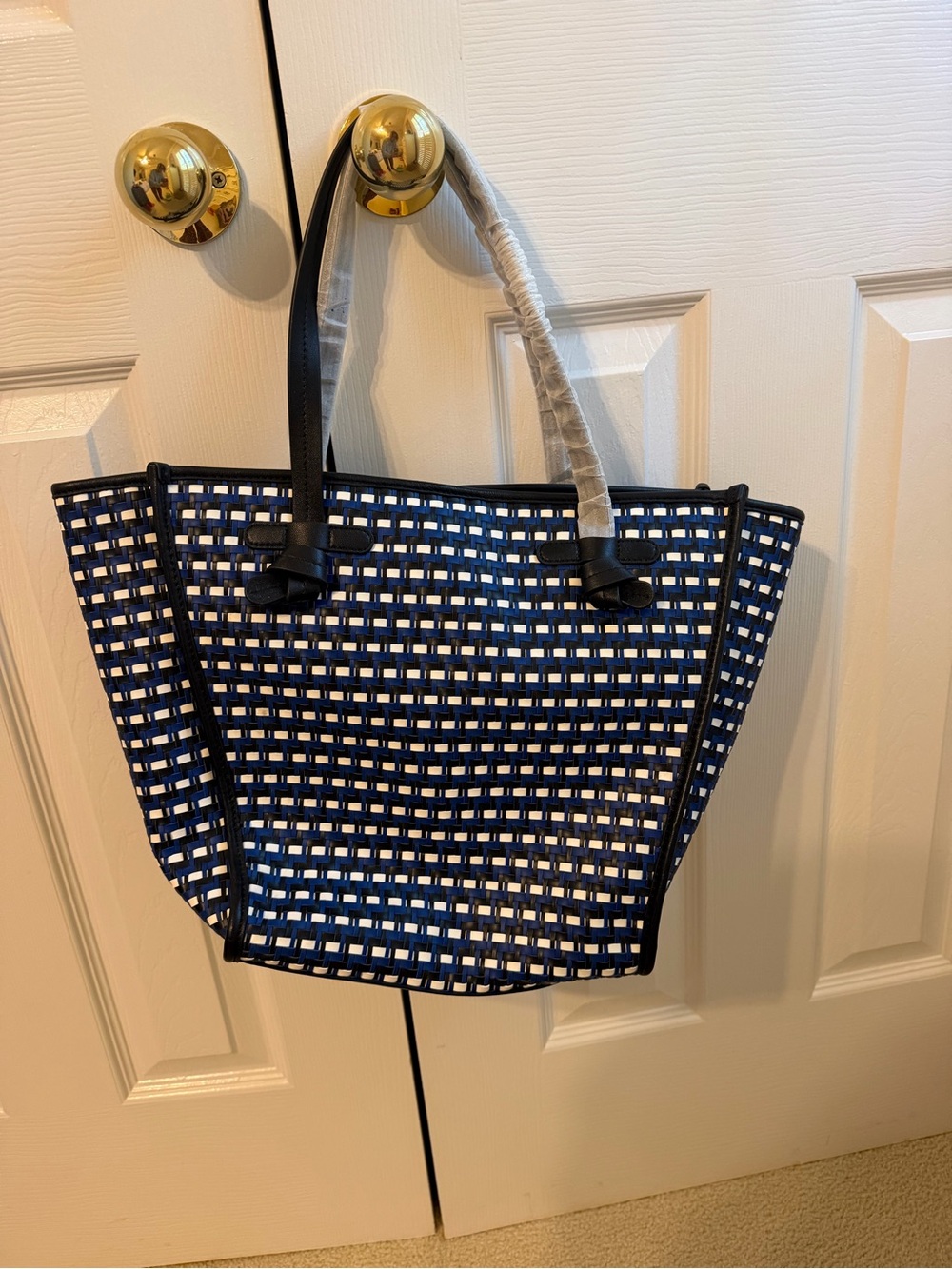Navy and White Woven Tote Bag - Women